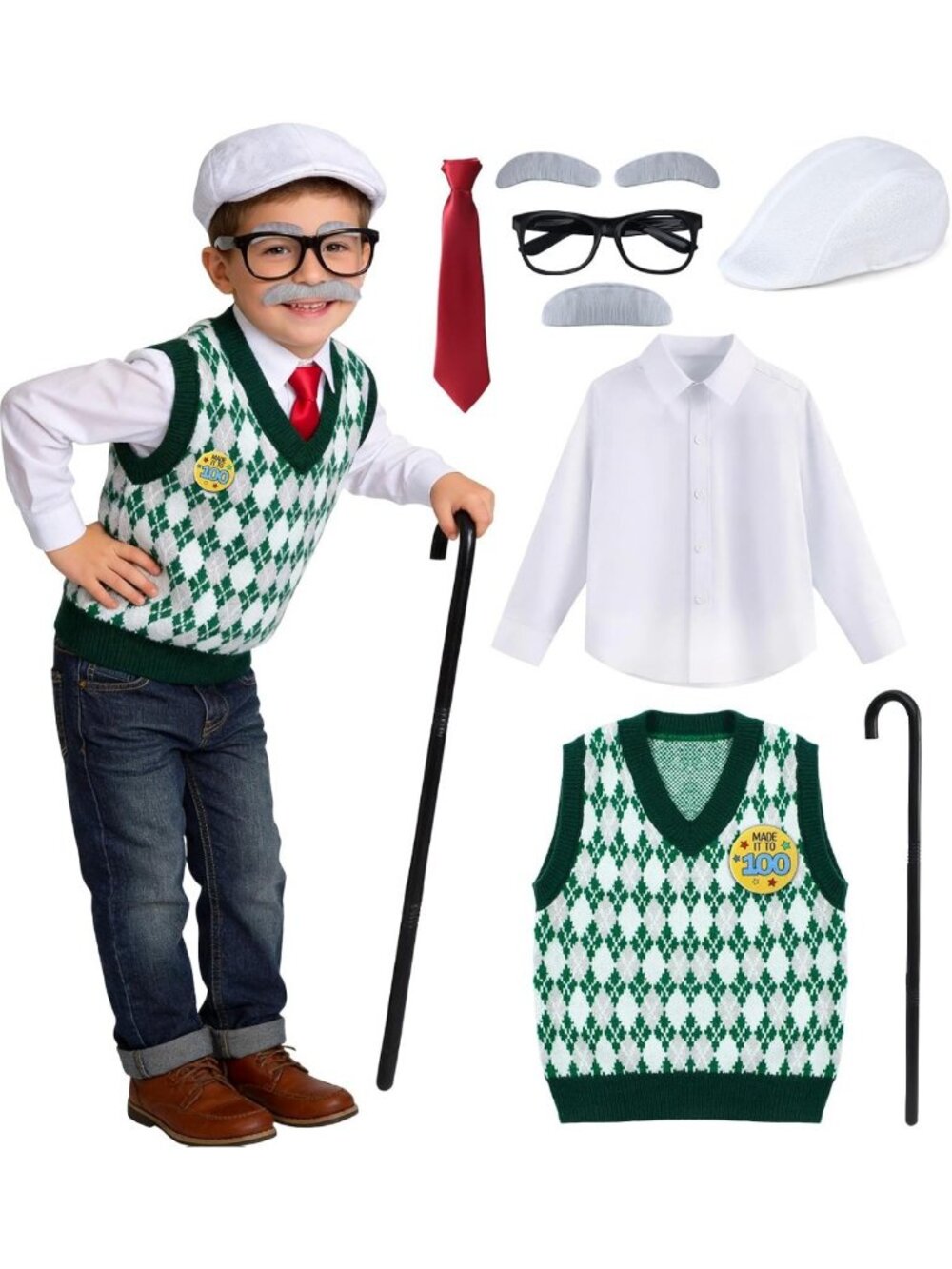 Kids Old Man Costume for Boys 2-8 | Grandpa Dress Up Set with Hat, Cane & Bow